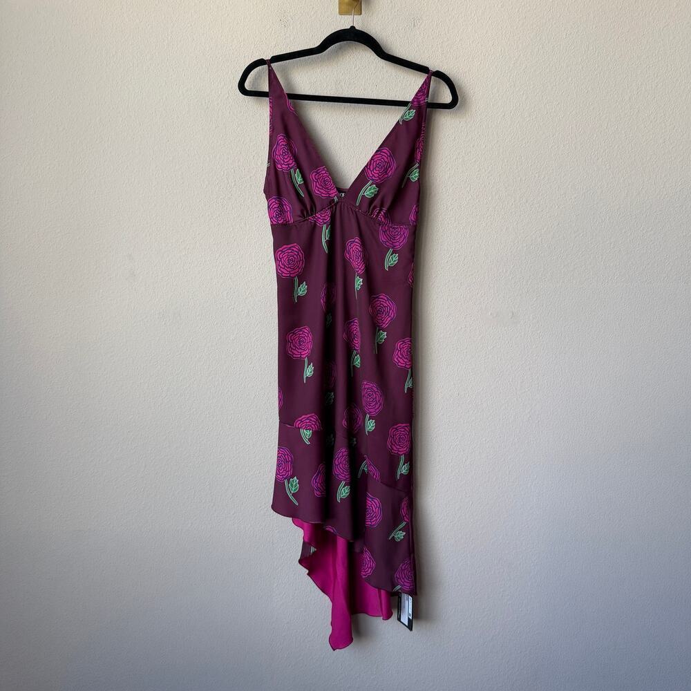Versace Jeans Couture Rose Print Asymmetric Satin Dress NWT Size 4 - Picture 3 of 11